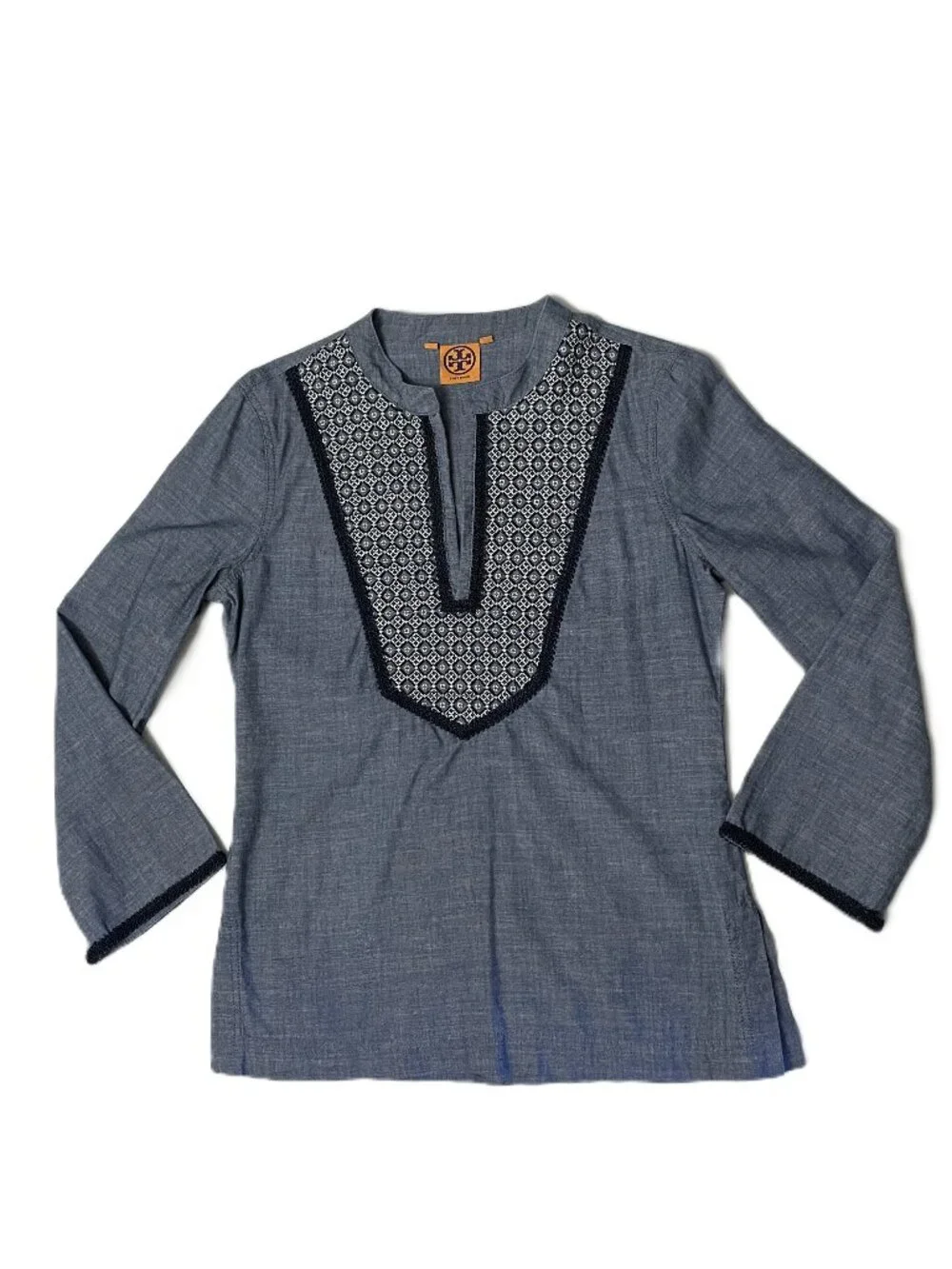 Tory Burch Tunic Blouse Top Sz 8 Med Embroidered Blue Chambray Geometric Cotton